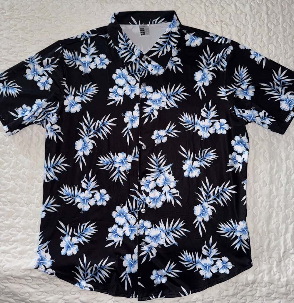 +Fashion Hawaiian Shirt Size L Black Blue Floral